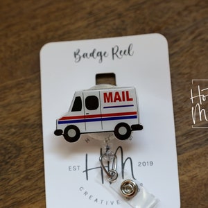 Badgehaspel postvrachtwagen, cadeau postbode, intrekbare badgehaspel, verwisselbare badgehouder