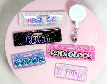 Glitter Custom Personalized Mini Badge Buddy, Hospital ID, Glitter Name Tag Flair