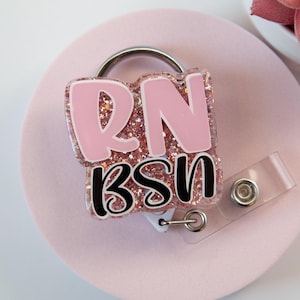 RN BSN Pink Glitter Badge reel, Retractable ID
