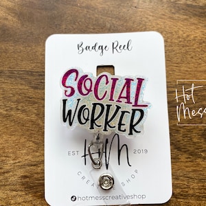 Maatschappelijk werker Badge Reel, Intrekbare Badge Reel, Verwisselbare Badge Houder, maatschappelijk werker cadeau, Paarse glitter