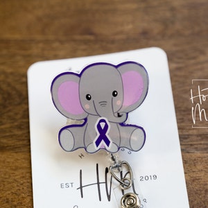 Alzheimer's Awareness Elephant Funny Badge Reel, Elephant RN ID Holder, Retractable Acrylic Badge Reel, purple ribbon