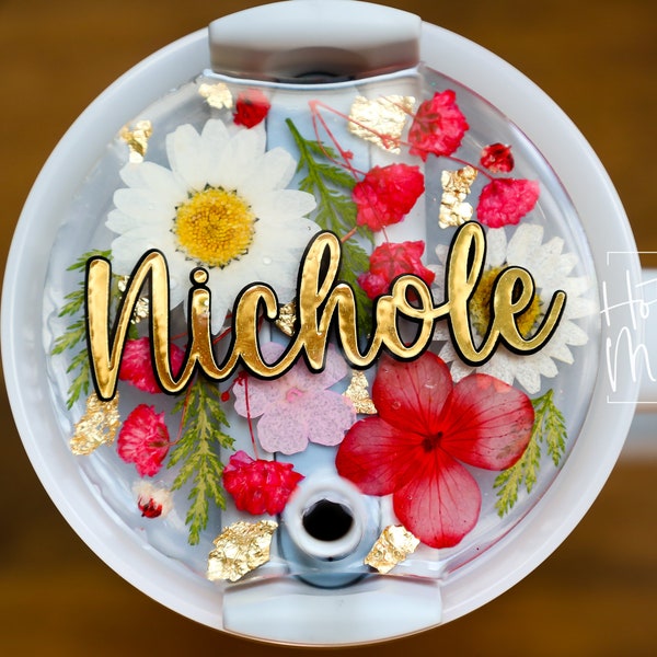 Pressed Flower Stanley Tumbler Topper, custom tumbler plate, tumbler name tag