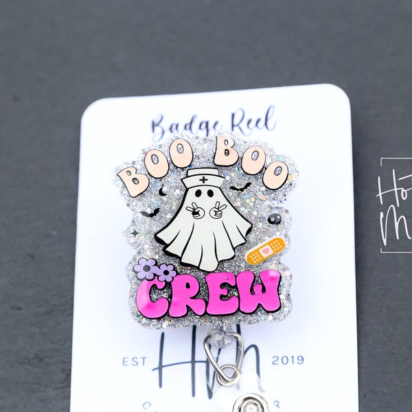 Boo Boo Crew Glitter Badge Reel, Nurse ID Holder, School Nurse Pin, Halloween Badge Reel