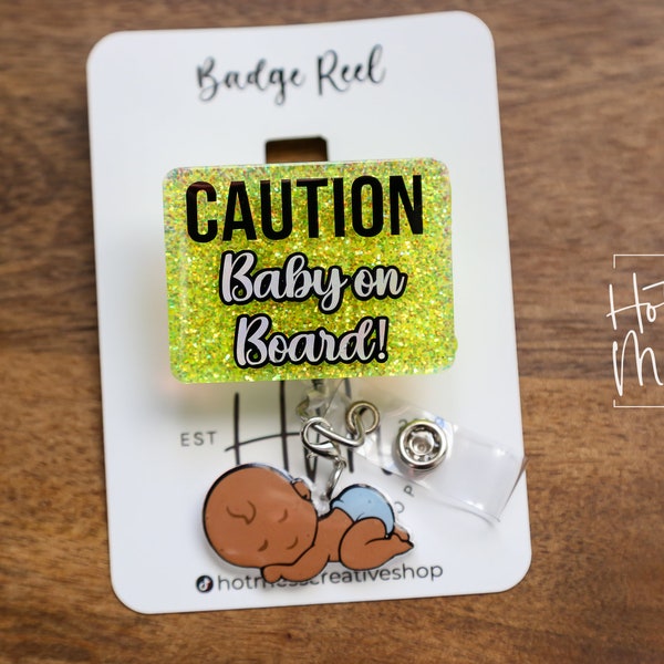 Caution Baby on Board Badge Reel, gift for expectant mother, ID Holder, Retractable Acrylic Badge Reel, Office Worker