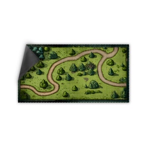May include: A rectangular, green and brown tabletop gaming mat featuring a detailed map of a forest with winding dirt paths, trees, and grassy areas. The mat has a grid pattern and a dark gray backing.