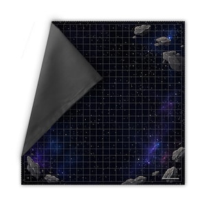 May include: A square, double-sided gaming mat with a space theme. One side features a starry night sky with nebulas, asteroids, and a grid pattern. The other side is solid black. The mat is designed for tabletop role-playing games.