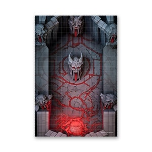 May include: A detailed fantasy map featuring a stone structure with a skull motif. The map has a grid overlay, with red accents highlighting the skull's features and other design elements. The overall color scheme is gray and red.