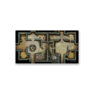 May include: A rectangular, detailed dungeon map with a grid overlay. The map features various rooms, corridors, and architectural elements in shades of brown, beige, and green. It is designed for tabletop role-playing games.