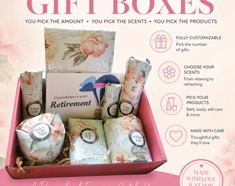 May include: A pink gift box containing multiple items wrapped in floral paper with countdown labels. A card inside reads Countdown to your Retirement with a hot air balloon illustration. Text includes Custom Self Care Gift Boxes and Made with Love.