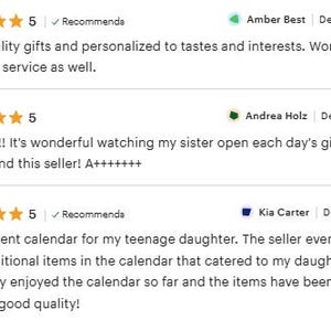 May include: A digital display of three five-star customer reviews. The first review by Amber Best from Dec 15, 2024, mentions personalized gifts. The second by Andrea Holz from Dec 11, 2024, praises the seller. The third by Kia Carter from Dec 8, 2024, discusses an advent calendar.