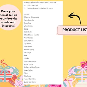 May include: A yellow informational card with a pink circle containing the text Rank your items! Tell us your favorite scents and interests! A central list includes items like Lotion, Shower Steamers, and Bath Bombs, with a Product List label and arrow.