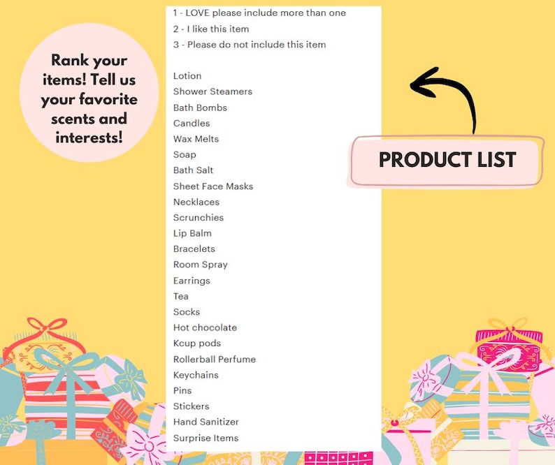 May include: A yellow informational card with a pink circle containing the text Rank your items! Tell us your favorite scents and interests! A central list includes items like Lotion, Shower Steamers, and Bath Bombs, with a Product List label and arrow.