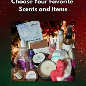 May include: A collection of self-care products including a Hyaluronic Acid face mask, Rose Milk and Rose Clay soap, Coconut Frost lotion, a Coffee Shop shower steamer, lavender hand sanitizer, body oil, a candle, and various bath items.