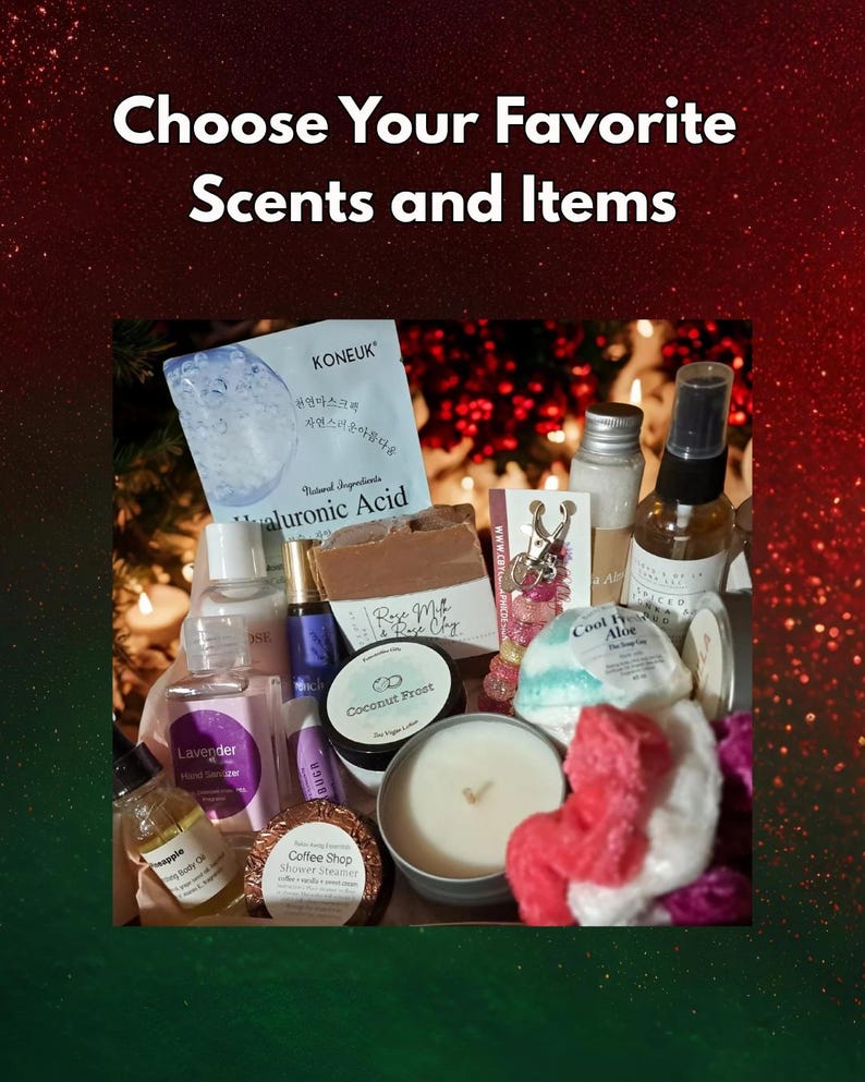 May include: A collection of self-care products including a Hyaluronic Acid face mask, Rose Milk and Rose Clay soap, Coconut Frost lotion, a Coffee Shop shower steamer, lavender hand sanitizer, body oil, a candle, and various bath items.