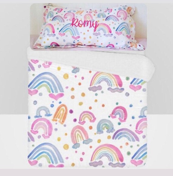 Personalized Pillowcases Shams and Bedding for Girls with Watercolor Hearts Pink Elephants and Rainbow Art By Michele Sobel