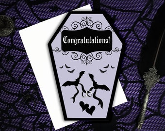 Congratulations Bats Wedding Engagement Greeting Card || Anniversary, Birthday, Goth, Gothic, Love Coffin Card