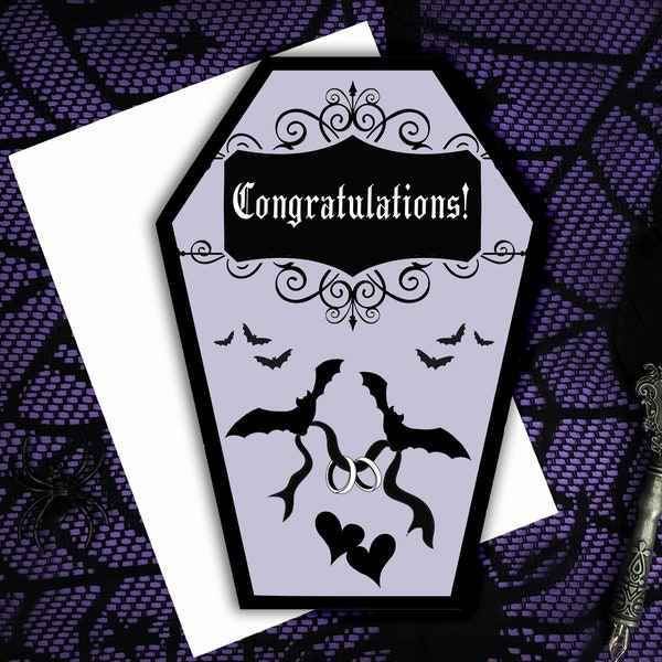Congratulations Bats Wedding Engagement Greeting Card || Anniversary, Birthday, Goth, Gothic, Love Coffin Card
