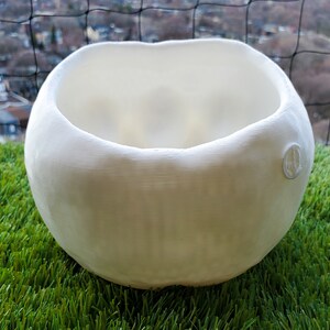 May include: White ceramic planter with a textured surface and a peace sign embossed on the side.