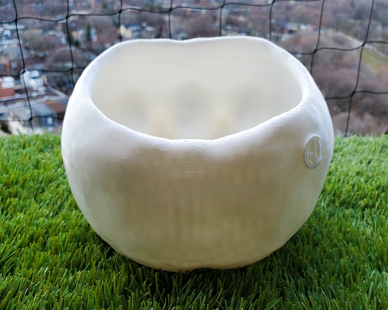 May include: White ceramic planter with a textured surface and a peace sign embossed on the side.