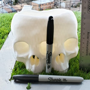 May include: A white 3D printed skull planter with two eye sockets and a mouth opening. The planter is sitting on a green artificial grass surface. Two black Sharpie markers are next to the planter.