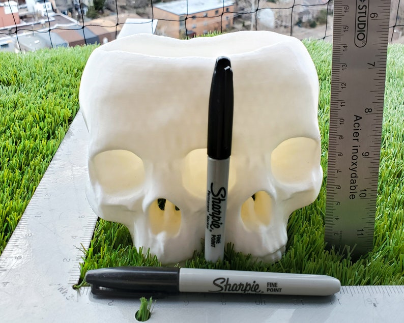 May include: A white 3D printed skull planter with two eye sockets and a mouth opening. The planter is sitting on a green artificial grass surface. Two black Sharpie markers are next to the planter.