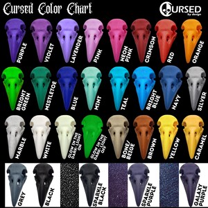 May include: Color chart showing 24 different colors of bird skulls. The colors include purple, violet, lavender, pink, neon pink, crimson, red, orange, bright green, mistletoe, blue, mint, teal, bright blue, navy, silver, marble, white, glow in the dark on, glow in the dark off, bone/beige, brown, yellow, caramel, grey, black, sparkle black, sparkle purple, and galaxy purple.