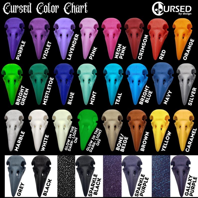 May include: Color chart showing 24 different colors of bird skulls. The colors include purple, violet, lavender, pink, neon pink, crimson, red, orange, bright green, mistletoe, blue, mint, teal, bright blue, navy, silver, marble, white, glow in the dark on, glow in the dark off, bone/beige, brown, yellow, caramel, grey, black, sparkle black, sparkle purple, and galaxy purple.