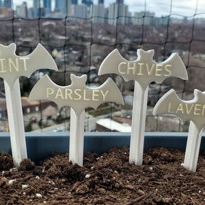 May include: Four white bat-shaped plant markers with the words "Mint", "Chives", "Parsley", and "Lavender" written on them. The markers are in a pot of brown soil.