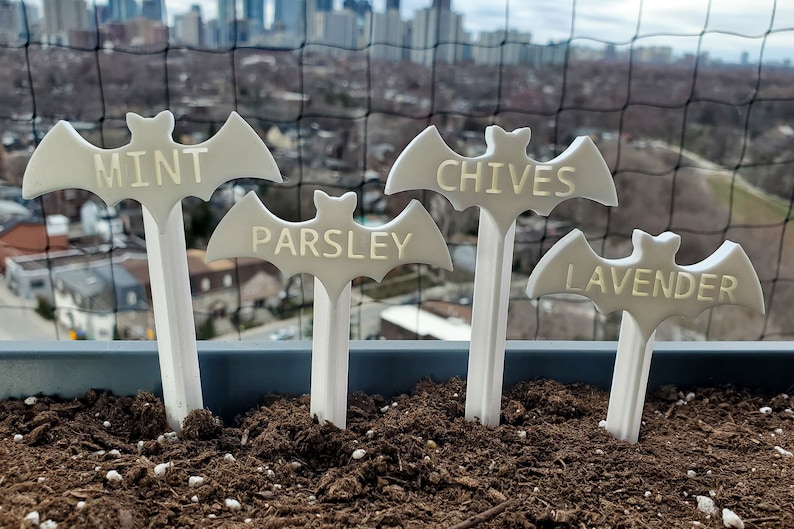 May include: Four white bat-shaped plant markers with the words "Mint", "Chives", "Parsley", and "Lavender" written on them. The markers are in a pot of brown soil.