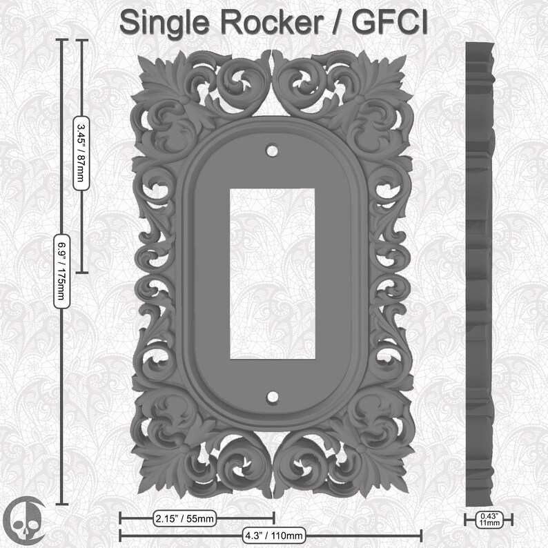 Puede incluir: Una cubierta de interruptor de luz de un solo balanc&iacute;n gris con un marco decorativo ornamentado. La cubierta mide 8,7 cm por 17,5 cm y 11 cm de ancho. El marco est&aacute; hecho de un dise&ntilde;o detallado e intrincado con un patr&oacute;n de volutas.