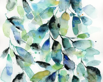 Royal blue leaves watercolor print