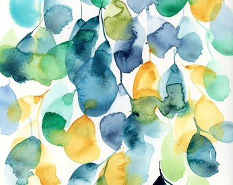 Window Gazing PRINT. Abstract watercolor botanical painting, abstract floral, loose watercolor, flower painting, wall decor, blue leaves.