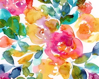 Rosie Glow PRINT. Abstract watercolor botanical painting, multicolor, loose abstract floral, flower painting, wall decor, color leaves.
