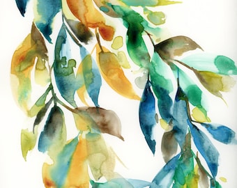Seaside PRINT. Abstract watercolor botanical painting, blue floral, abstract floral, loose watercolor, flower painting, wall decor, aqua.