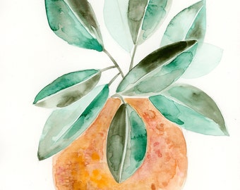 Fresh Rubber Plant PRINT. Loose Watercolor Botanical Painting, succulent, potted plants, green, terracotta, painting, wall decor, clay pot.