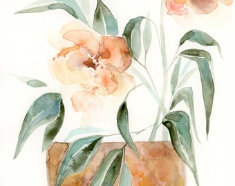 Vintage Floral PRINT. Watercolor Botanical Painting, terracotta pot, flower painting, plant lover, painting, wall decor, peach flower.
