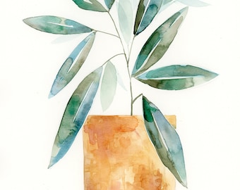 Feathery House Plant PRINT. Loose Watercolor Botanical Painting, succulent, potted plants, green, terracotta, leafy, wall decor, clay pot.