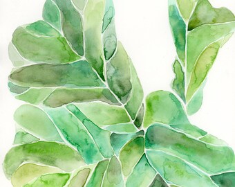 Fiddle Leaf Fig PRINT. Watercolor Botanical Painting, fiddle plant, succulent, plant lover, green, painting, wall decor, green plant.
