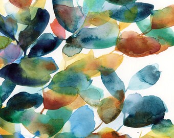 Tidal Wave PRINT. Abstract watercolor botanical painting, abstract floral, loose watercolor, flower painting, wall decor, blue leaves, teal.