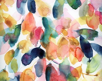 Fiesta PRINT. Abstract watercolor botanical painting, multicolor flowers, loose abstract floral, flower painting, wall decor, color leaves.