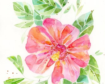 Hibiscus PRINT. Watercolor Botanical Painting, pink flower, island, plant lover, garden flower, painting, wall decor, tropical flower.