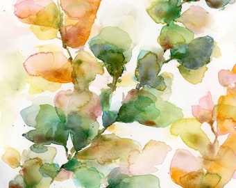 Organic PRINT. Abstract watercolor botanical painting, succulent, abstract floral, leaves, flower painting, wall decor, terracotta, green.