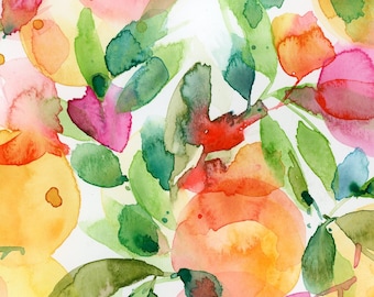 Orange Blossom PRINT. Abstract watercolor botanical painting, citrus, loose abstract floral, flower painting, wall decor, color leaves.