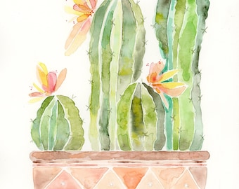 Cactus Blossom PRINT. Watercolor Botanical Painting, terracotta pot, flower painting, succulent, cactus painting, wall decor, potted plant.