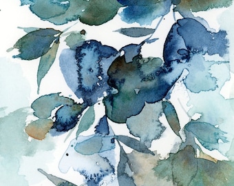 Soulful PRINT. Abstract watercolor botanical painting, abstract floral, loose watercolor, flower painting, wall decor, blue leaves, teal.