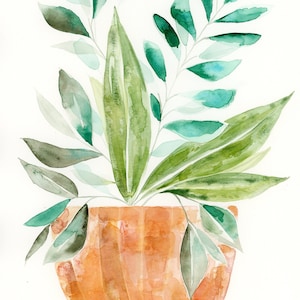 May include: Watercolor painting of a potted plant with green leaves in a terracotta pot. The leaves are painted in shades of green and blue, with some leaves appearing translucent.