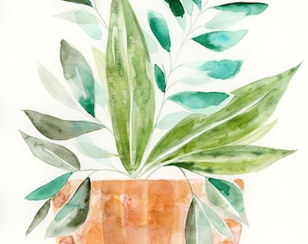 Together Plant PRINT. Loose Watercolor Botanical Painting, succulent, potted plants, green, terracotta, painting, wall decor, clay pot.