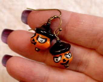 Hand Painted Hatted Pumpkin Earrings - Samhain Witchy Jewelry
