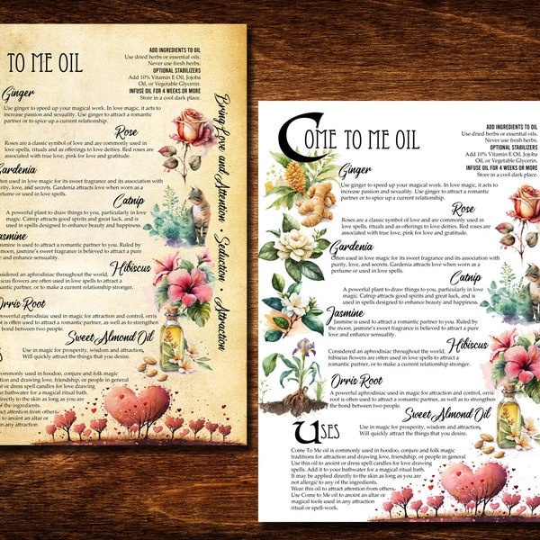 Come To Me Oil Book of Shadows Printable Page - Come to Me Spell Oil Ingredients - Digital Printable Grimoire Page - Love Drawing Oil Recipe