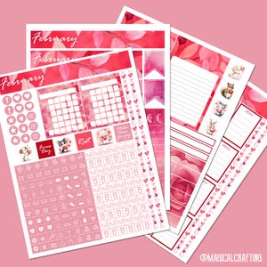 Februar 2025 Druckbare Planer Aufkleber - 4 Seiten im Letter Format - Tracker, Bingo, Mondphasen, Sternzeichen Aufkleber - 4-seitige digitale PDF-Datei